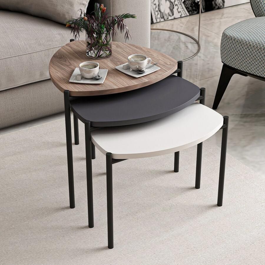 Emob Houten Nesting Tables Set 3 Stuks Melamine Gecoat Metalen Frame Wit Antraciet Noten Hoektafels Wit; Bruin; Antraciet Melamine Hoektafels Op voorraad - Foto 2