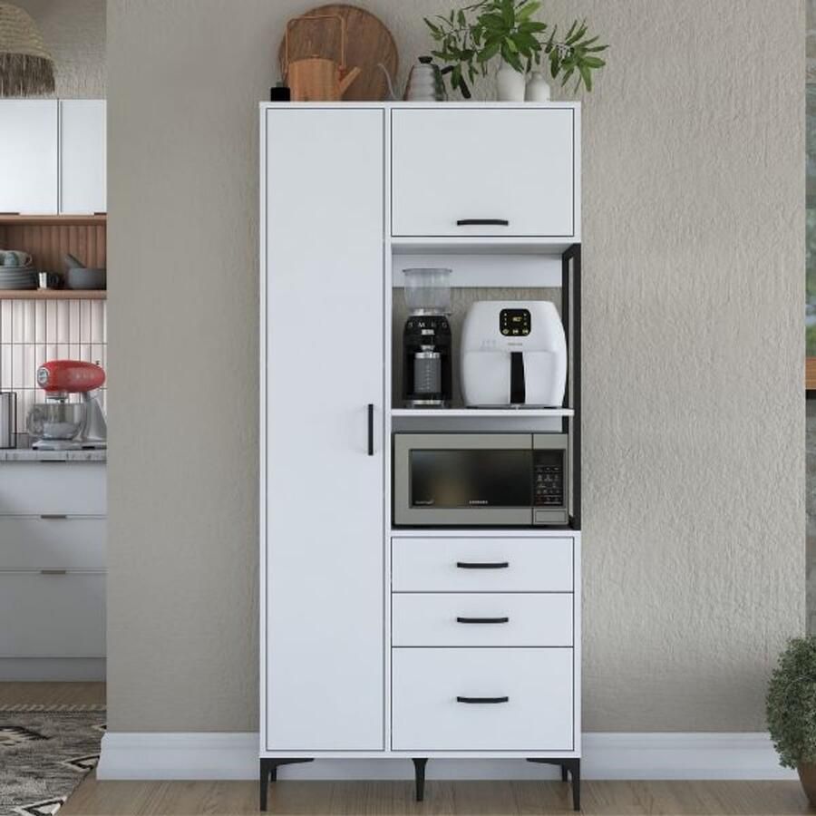 Emob Multifunctionele kast Woody Fashion 90 x 40 x 199 cm Wit Microgolfkasten Wit MDF Microgolfkasten Op voorraad