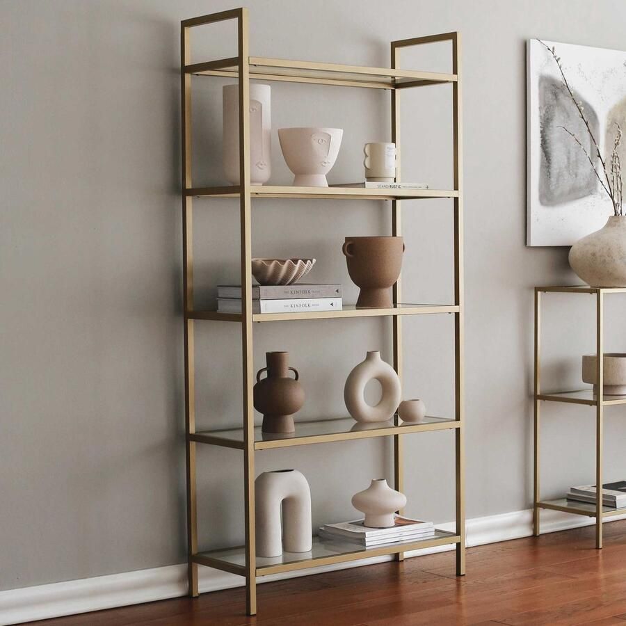 Emob Locelso Boekenplank Gehard Glas Metalen Frame Goud Woonkamerkasten Goud Metaal; Glas Woonkamerkasten Op voorraad - Foto 2