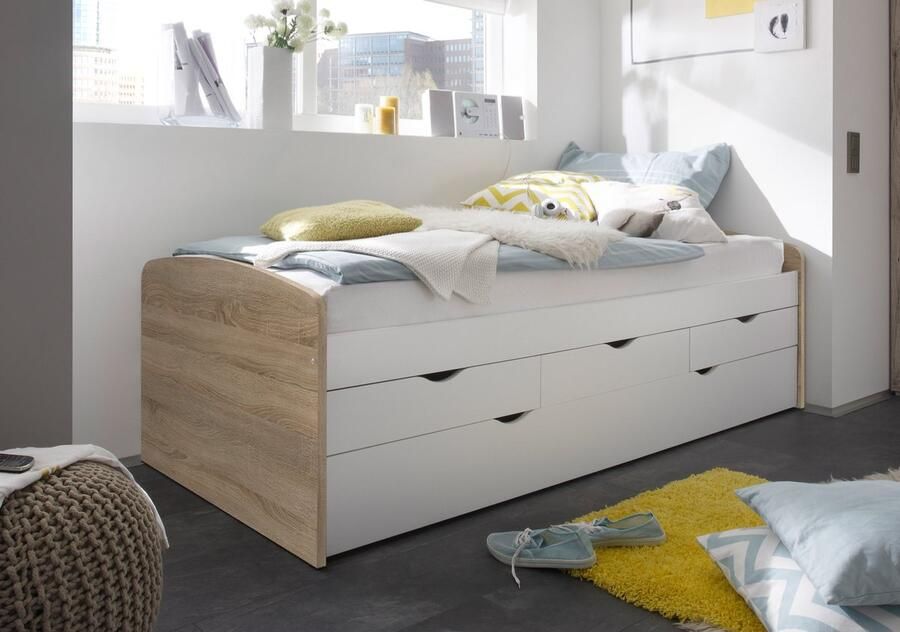 Emob Kajuitbed Nasri 90x200 met bedlade beton wit Bedden met lades Wit; Grijs; Betonlook Spaanplaat Bedden met lades Eenpersoons Kajuitbed Op voorraad - Foto 4