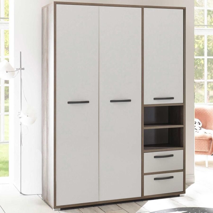 Emob Kledingkast Petrus 138 x 57 x 201 cm Wit en bruin Slaapkamerkasten Wit Spaanplaat Slaapkamerkasten Op voorraad - Foto 2