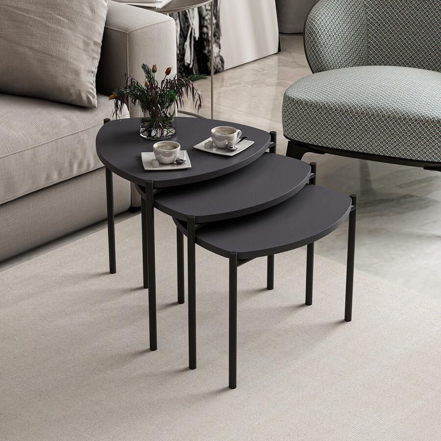 Emob Woody Fashion Nesting Tables 3 C Set 100% Melamine Gecoat Metalen Frame Antraciet Hoektafels Antraciet Melamine Hoektafels Op voorraad