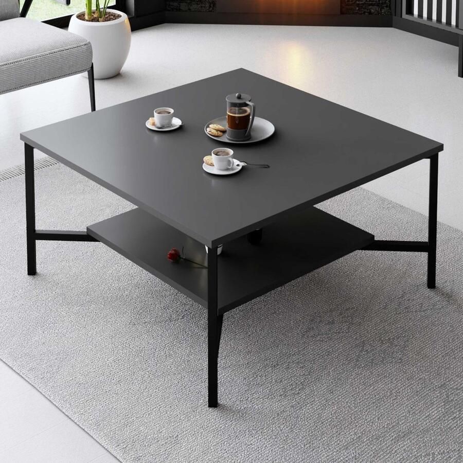 Emob Houten Fashion Salontafel 18mm Melamine Laag Metalen Poten Antraciet Zwart Vierkante salontafels Antraciet Melamine Vierkante salontafels Op voorraad