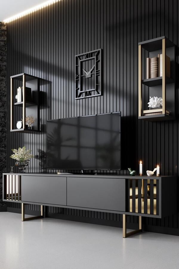 Emob tv-meubel Woody Fashion 180 x 30 x 48 cm Anthracite Black Woonkamerkasten Antraciet Spaanplaat Woonkamerkasten Op voorraad