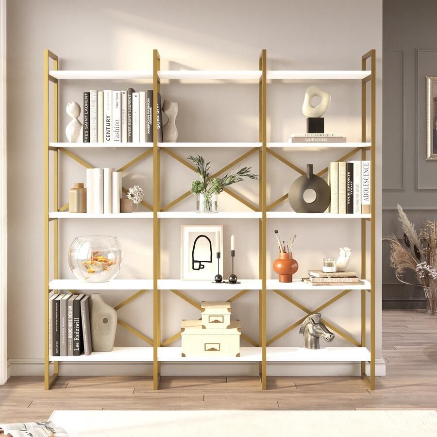 Emob Locelso Boekenplank 100% Melamine Gecoat Metalen Frame Witgoud Woonkamerkasten Wit; Goud Melamine Woonkamerkasten Op voorraad