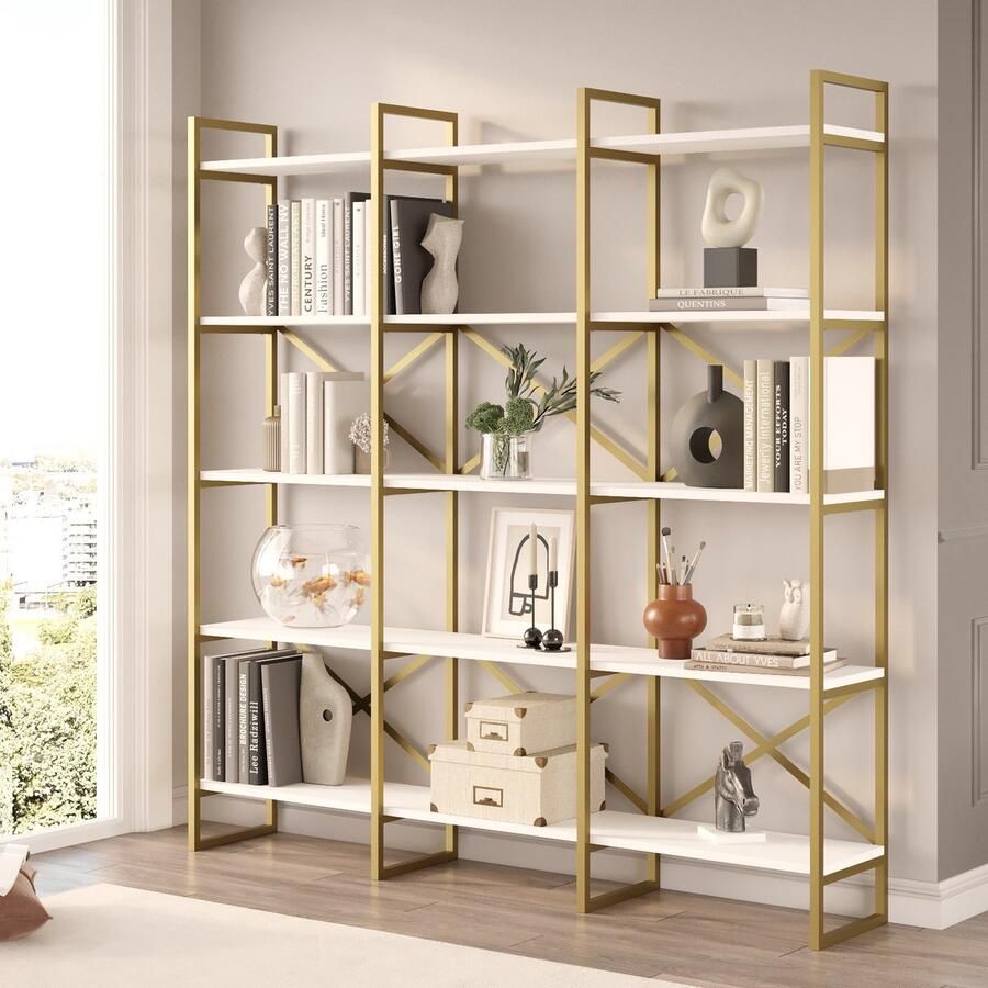 Emob Locelso Boekenplank 100% Melamine Gecoat Metalen Frame Witgoud Woonkamerkasten Wit; Goud Melamine Woonkamerkasten Op voorraad - Foto 2