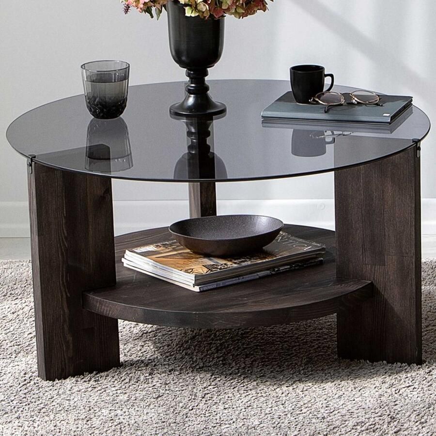 Emob Locelso Salontafel 100% Gehard Glas Frame van Pijnboomhout Antraciet Donkerbruin Salontafels outlet Antraciet Hout Salontafels outlet Op voorraad