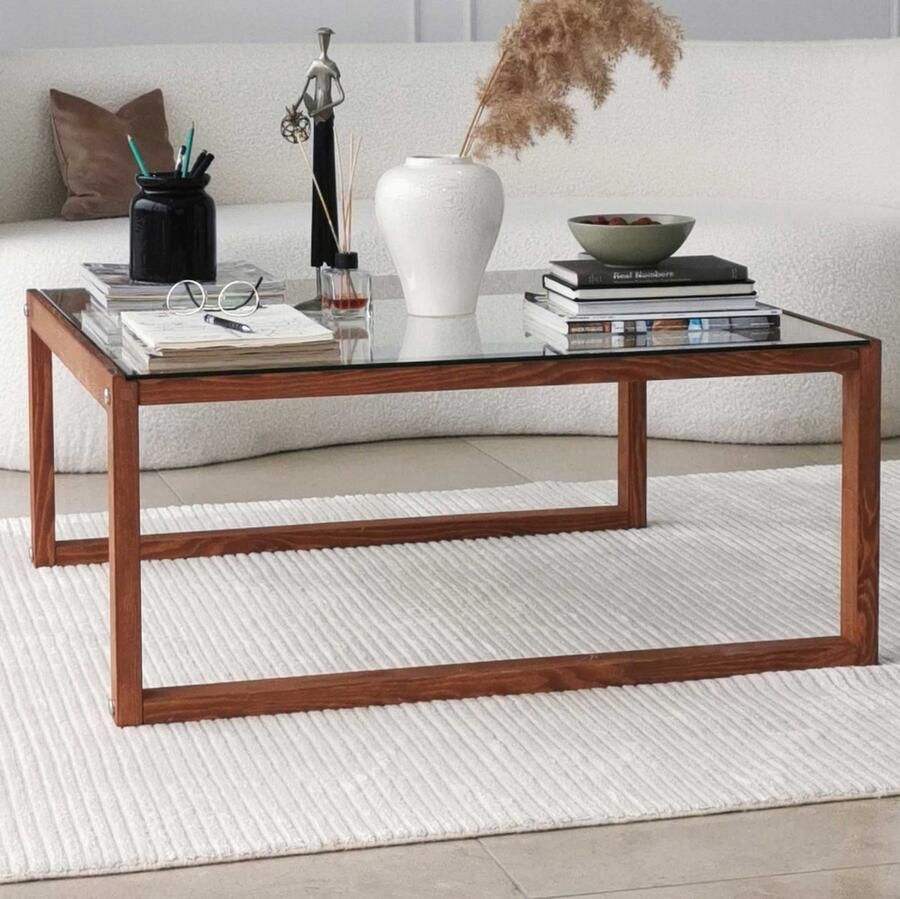 Emob Locelso Salontafel Gehard Glas en Massief Houten Frame 90x40x90 cm Hout Summer Sale Bruin Hout Summer Sale Op voorraad