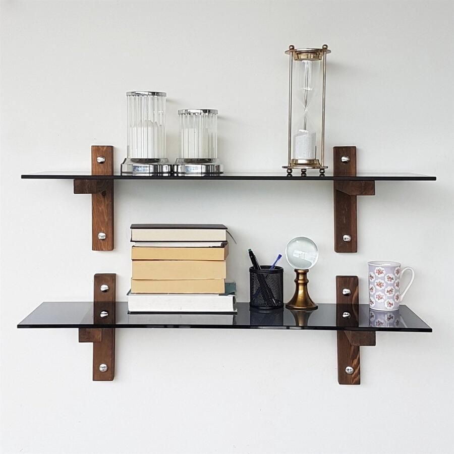 Emob Locelso wandplank massief houten frame 8mm gehard glas walnoot rook Wandplanken Bruin Hout; Glas Wandplanken Op voorraad - Foto 3