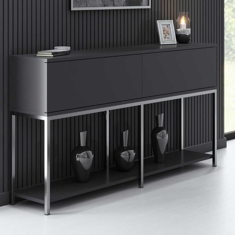 Emob 18mm Woody Fashion Console Melamine gecoat Metalen poten Antraciet Zilver. Woonkamerkasten Antraciet Melamine; MDF Woonkamerkasten Op voorraad - Foto 2