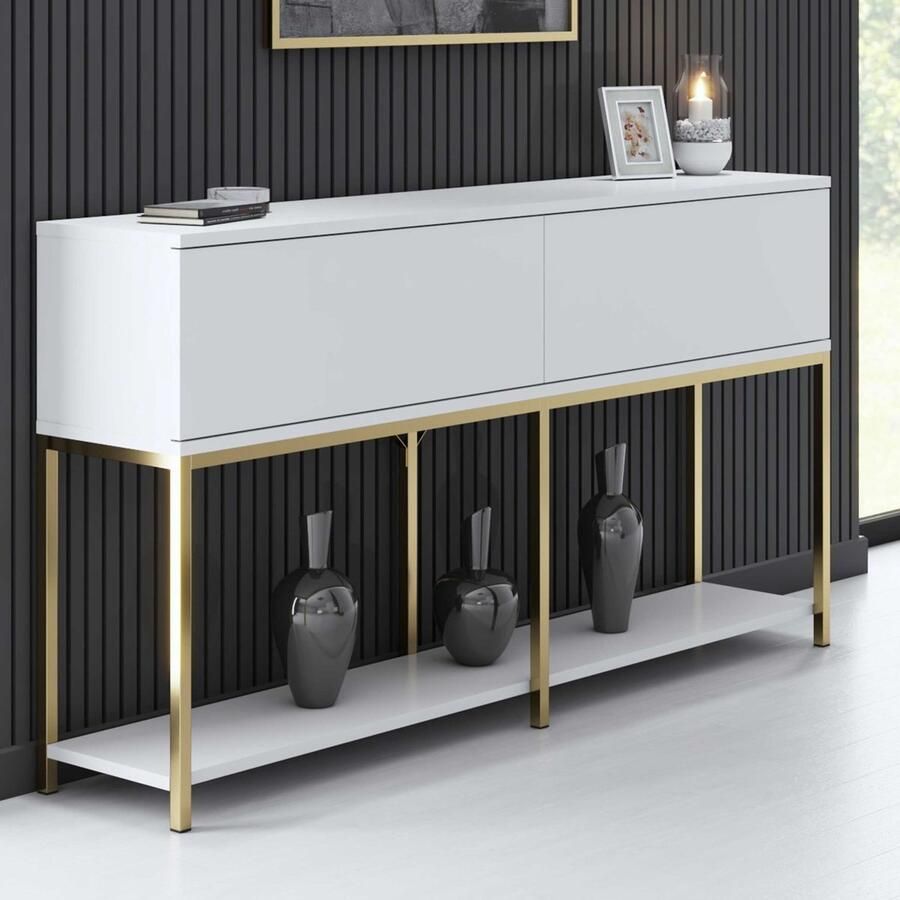 Emob Moderne consoletafel: Woody Fashion Melamine coating Metalen poten 150x80x30cm Witgoud. Woonkamerkasten Wit Melamine; MDF Woonkamerkasten Op voorraad
