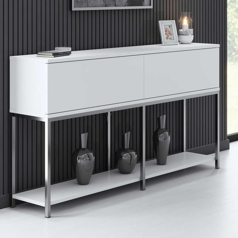 Emob Woody Fashion Console 18mm Melamine Gecoat Board Metalen Poten 150x80x30cm Wit Zilver Woonkamerkasten Wit Melamine; MDF Woonkamerkasten Op voorraad