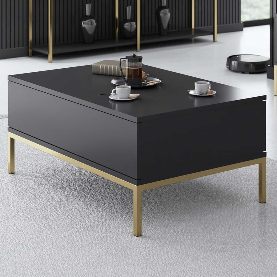 Emob Moderne salontafel met metalen poten Antraciet Goud Rechthoekige salontafels Antraciet; Goud Spaanplaat Rechthoekige salontafels Op voorraad