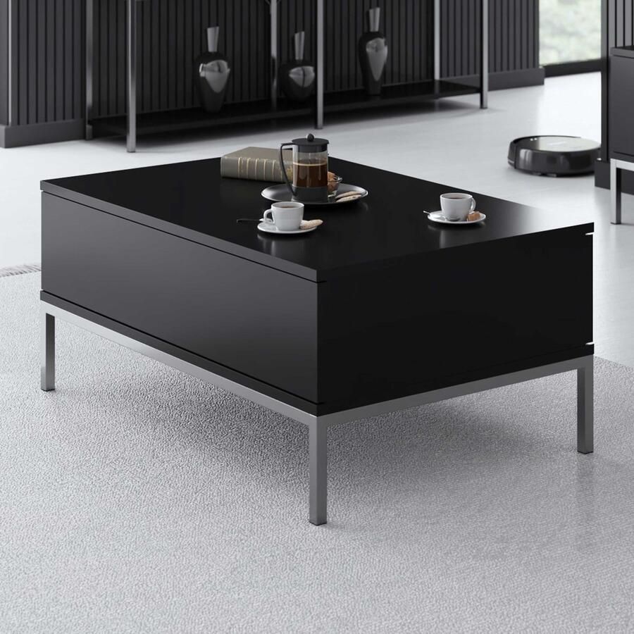 Emob Moderne salontafel met metalen poten in zwart zilver Rechthoekige salontafels Hoogglans zwart; Zwart Melamine; MDF Rechthoekige salontafels Op voorraad