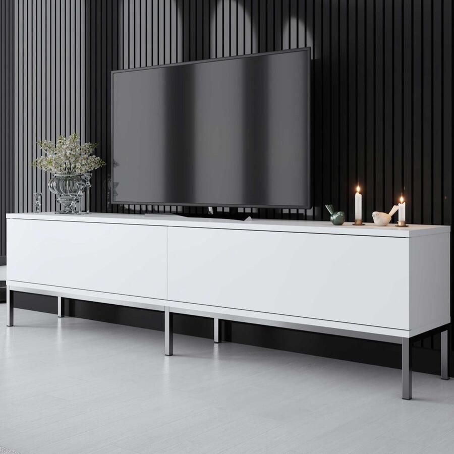 Emob Modern tv-meubel: Woody Mode Metalen Poten Wit Zilver 100% Melamine 18mm Woonkamerkasten Wit Melamine; MDF Woonkamerkasten Op voorraad