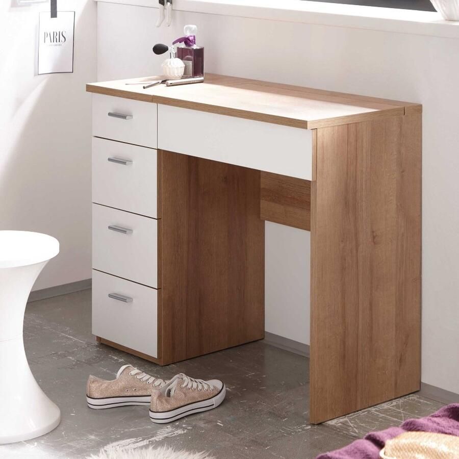 Emob Make-uptafel Loïs 90cm 1 deur & 4 lades lichte eikdecor wit Bega Begabino Back to School Wit; Bruin Spaanplaat Back to School Op voorraad