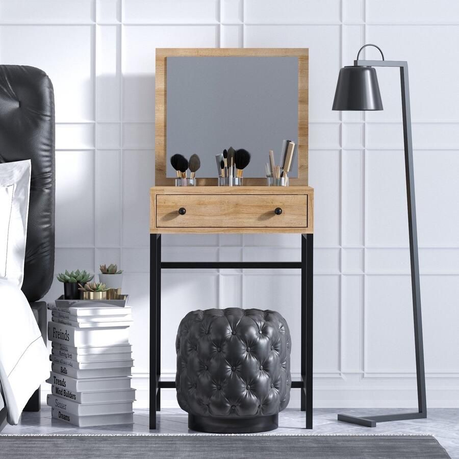 Emob Mary make-up tafel Melamine coating Metalen poten Eiken Zwart Summer Sale Bruin Melamine Summer Sale Op voorraad - Foto 3