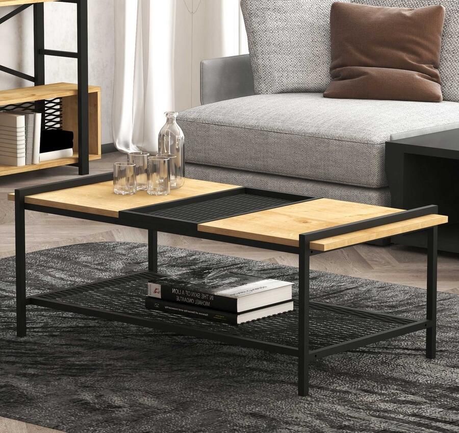 Emob Moderne Walnoot Zwarte Salontafel Woody Fashion 100% Melamine Gecoat Spaanplaat Rechthoekige salontafels Bruin; Zwart Metaal; Spaanplaat Rechthoekige salontafels Op voorraad