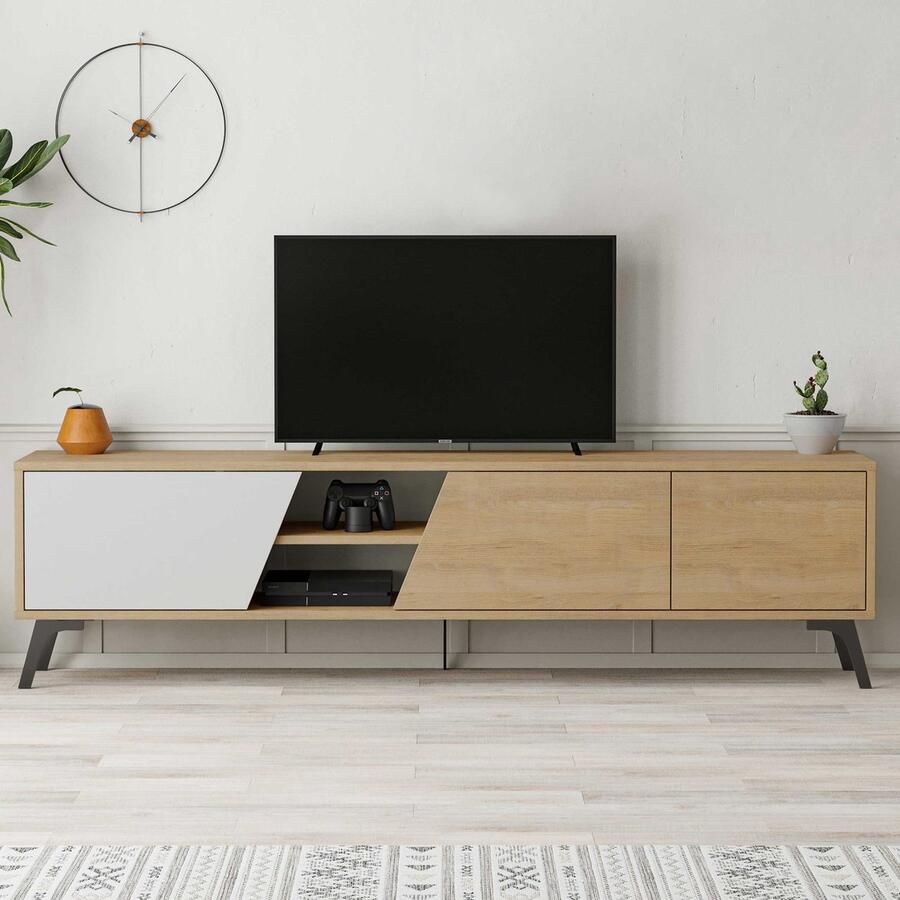 Emob Modern Eiken Wit TV-meubel 180cm x 48cm x 35cm Melamine Gecoat Woonkamerkasten Wit; Bruin Melamine Woonkamerkasten Op voorraad
