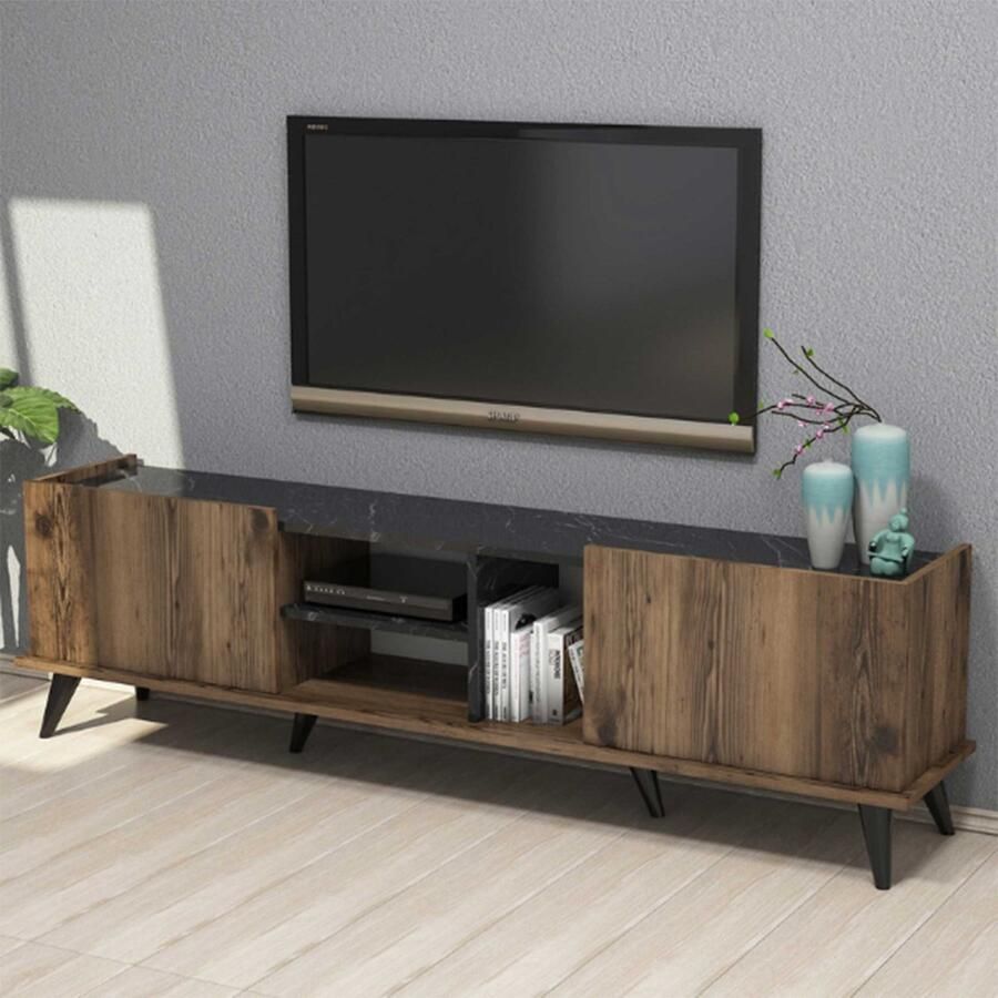 Emob TV Meubel Modern TV-meubel Gemelamineerd Walnoot Zwart Breedte 180cm Bruin; Zwart