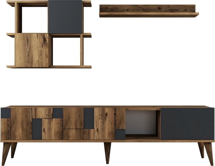 Emob TV Meubel Modern TV-meubel met Planken 100% Gemelamineerd Notelaar Antraciet 180cm Bruin; Antraciet - Foto 2