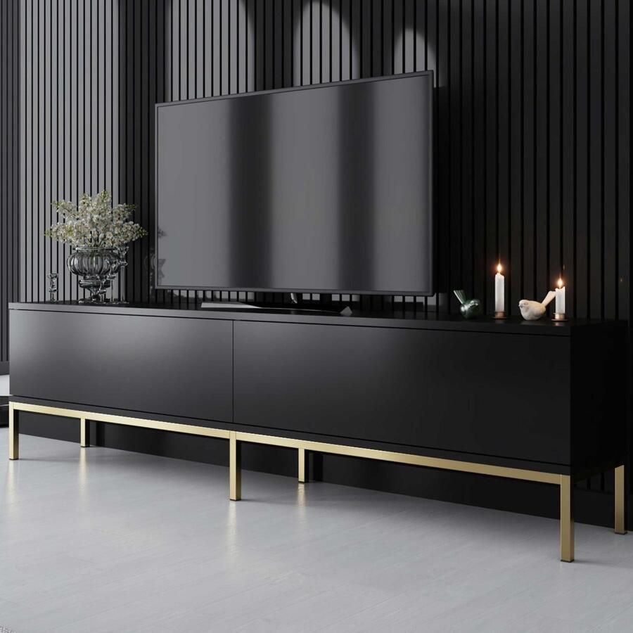 Emob Modern TV-meubel: Woody Fashion 100% Melamine Coating Metalen Poten Zwart Goud. Woonkamerkasten Zwart; Goud Melamine; MDF Woonkamerkasten Op voorraad - Foto 2
