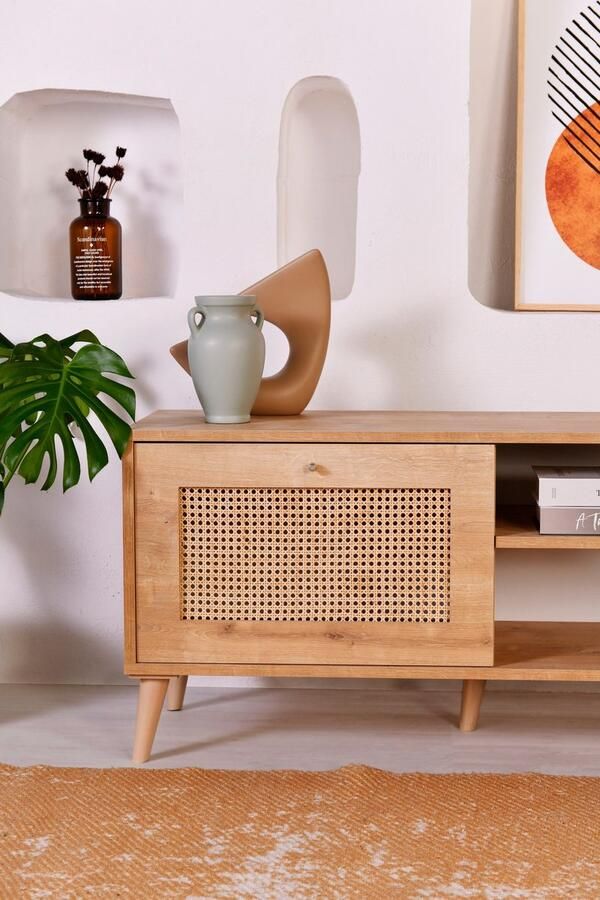 Emob Modieus Eiken TV-meubel Melamine coating Metalen poten Woonkamerkasten Bruin Melamine; Spaanplaat Woonkamerkasten Op voorraad