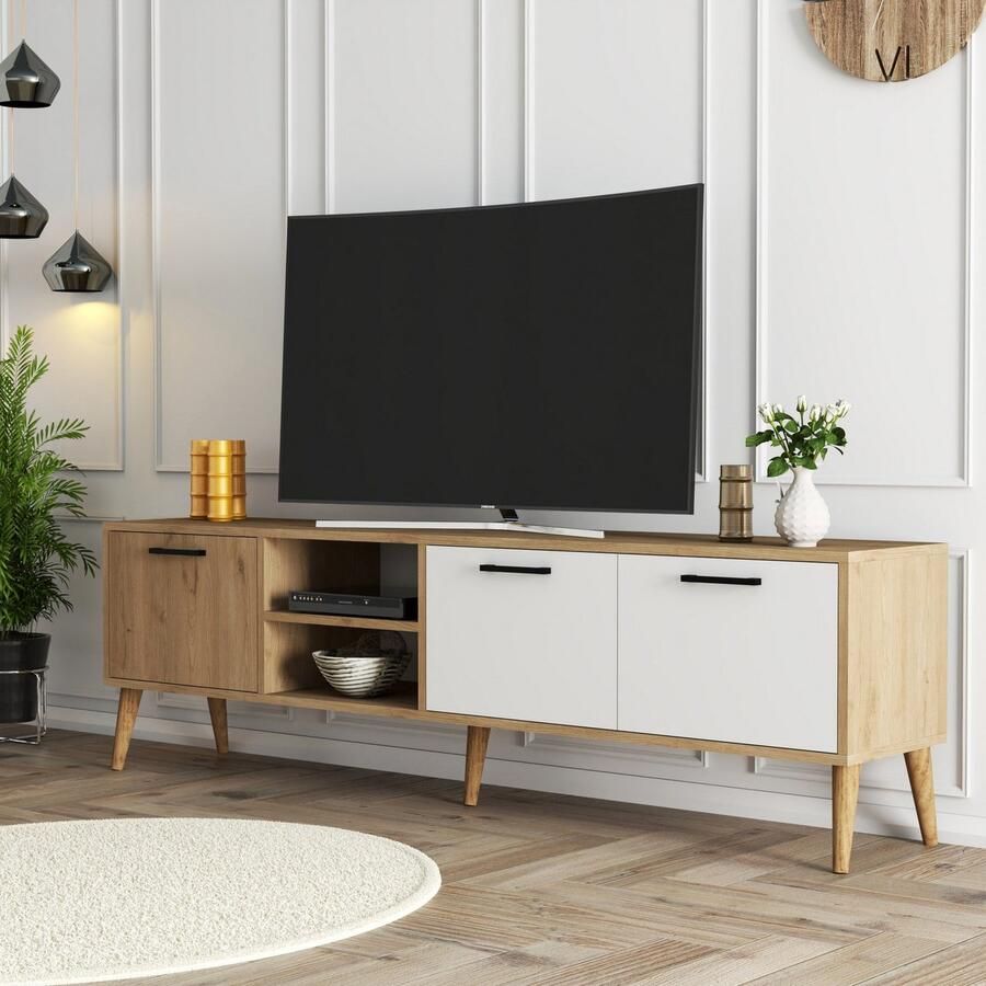 Emob Modieus Eiken Wit TV-meubel 100% Gemelamineerd 18mm Dikte Houten Poten 180x53x35cm