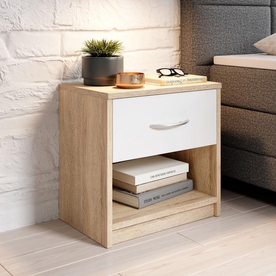 Emob Nachtkastje Beppu met 1 lade eik Slaapkamerkasten Wit; Bruin Spaanplaat Slaapkamerkasten Op voorraad