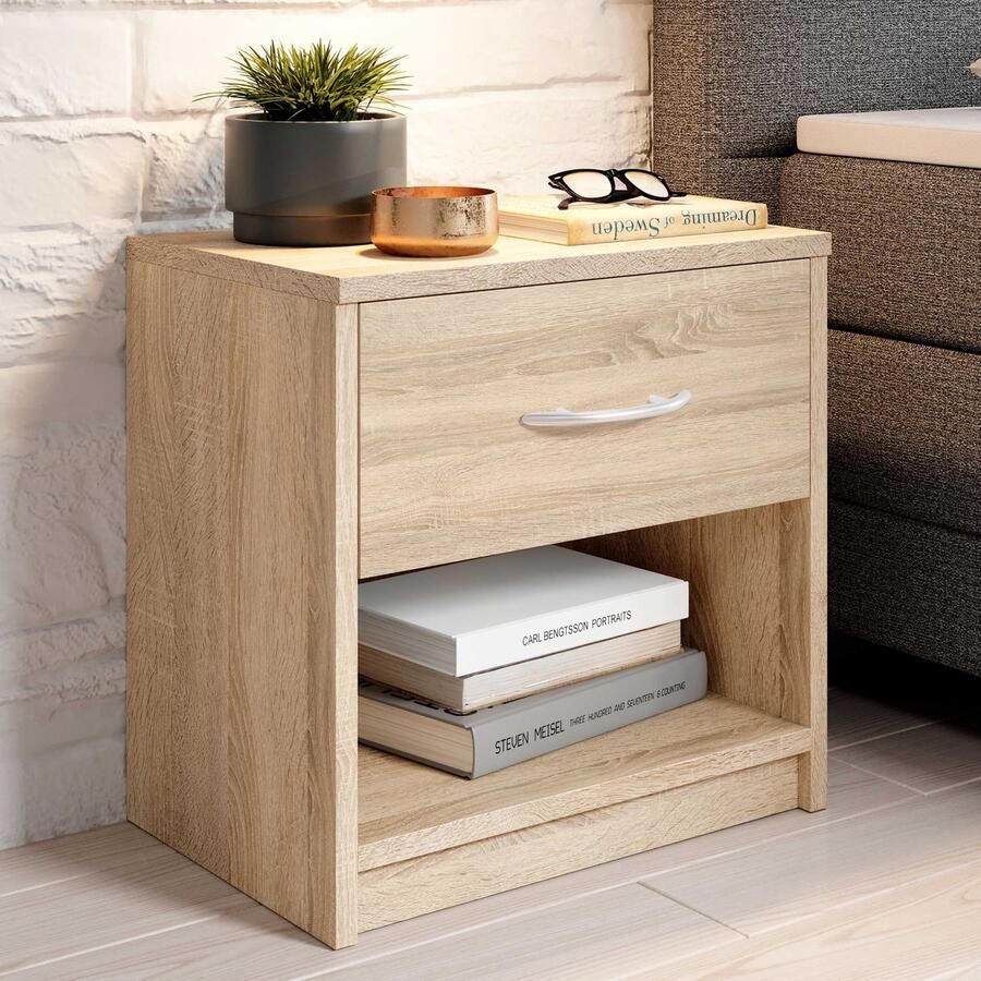 Emob Nachtkastje Beppu met 1 lade sonoma eik Slaapkamerkasten Bruin Spaanplaat Slaapkamerkasten Op voorraad - Foto 3