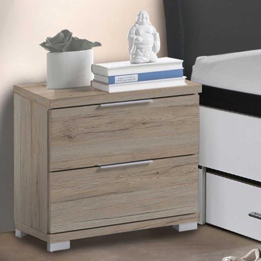 Emob Nachtkastje Nacho 46cm met 2 lades san remo eik Slaapkamerkasten Bruin Spaanplaat Slaapkamerkasten Op voorraad