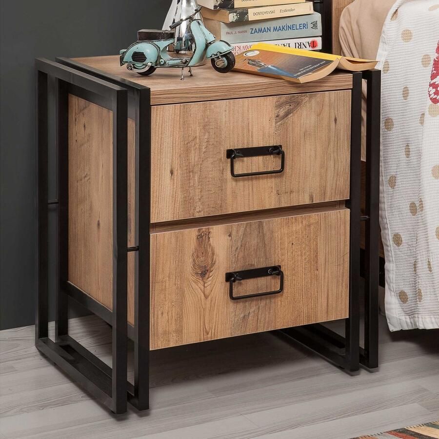 Emob Nachtkastje Modieus en Functioneel Atlantic Pine Zwart Slaapkamerkasten Bruin Metaal; Spaanplaat Slaapkamerkasten Op voorraad