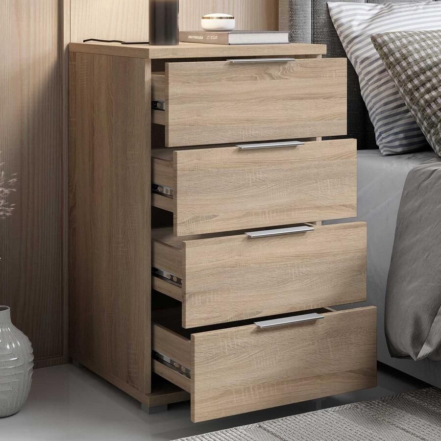 Emob Nachtkastje Nacho 46cm met 4 lades sonoma eik Smalle kasten Bruin Kunststof; Spaanplaat Smalle kasten Op voorraad