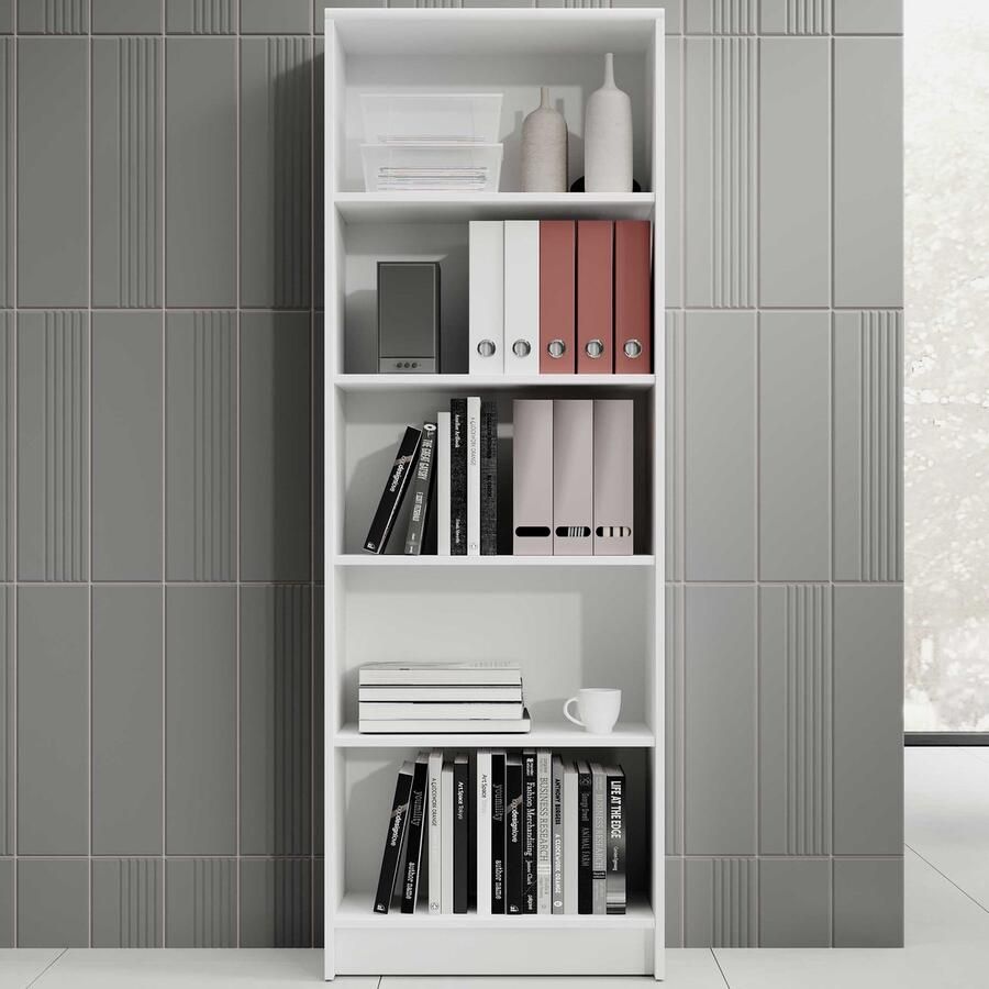 Emob Open boekenkast Lilly 60 x 28 x 172 cm Wit Woonkamerkasten Wit Spaanplaat Woonkamerkasten Op voorraad