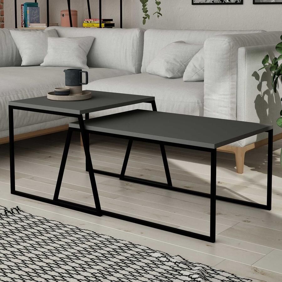 Emob Woody Fashion Salontafelset Melamine coating 100% metalen frame Antraciet Zwart 2-delige salontafelsets Antraciet Melamine 2-delige salontafelsets Op voorraad