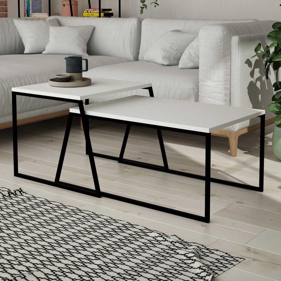 Emob Moderne Chique Salontafel Set Woody Mode Melamine Gecoat Wit Zwart 2-delige salontafelsets Wit Melamine 2-delige salontafelsets Op voorraad