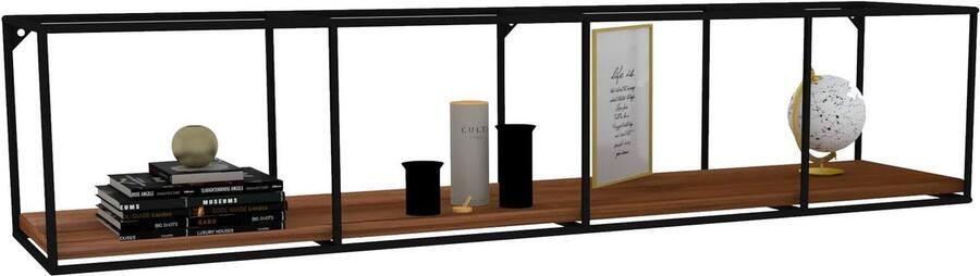 Emob Puqa Design Wandplank Walnoot Zwart Metalen Frame 120x30x30cm Metalen kasten Bruin; Zwart Hout; Metaal Metalen kasten Op voorraad - Foto 2