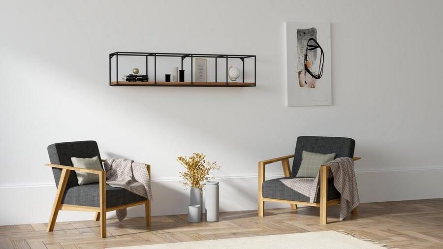 Emob Puqa Design Wandplank Walnoot Zwart Metalen Frame 120x30x30cm Metalen kasten Bruin; Zwart Hout; Metaal Metalen kasten Op voorraad