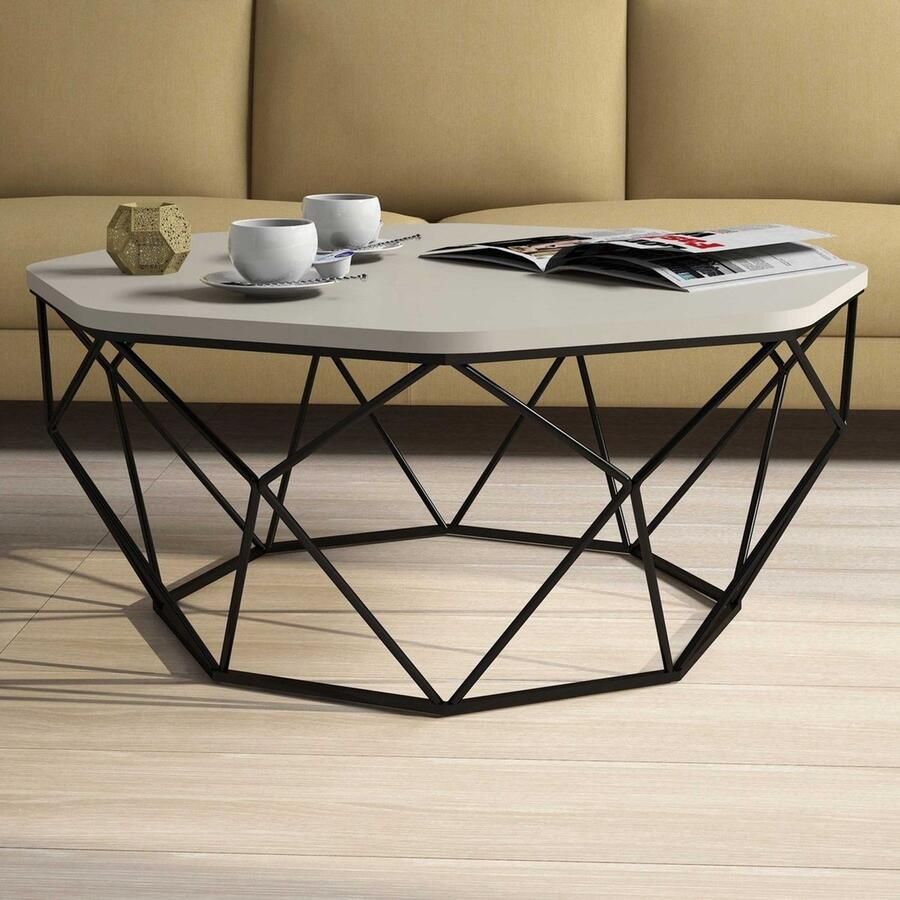 Emob Woody Fashion Salontafel Melamine Gecoat Metalen Frame 90x38x90 cm Wit Ronde salontafels Grijs Melamine Ronde salontafels Op voorraad - Foto 4