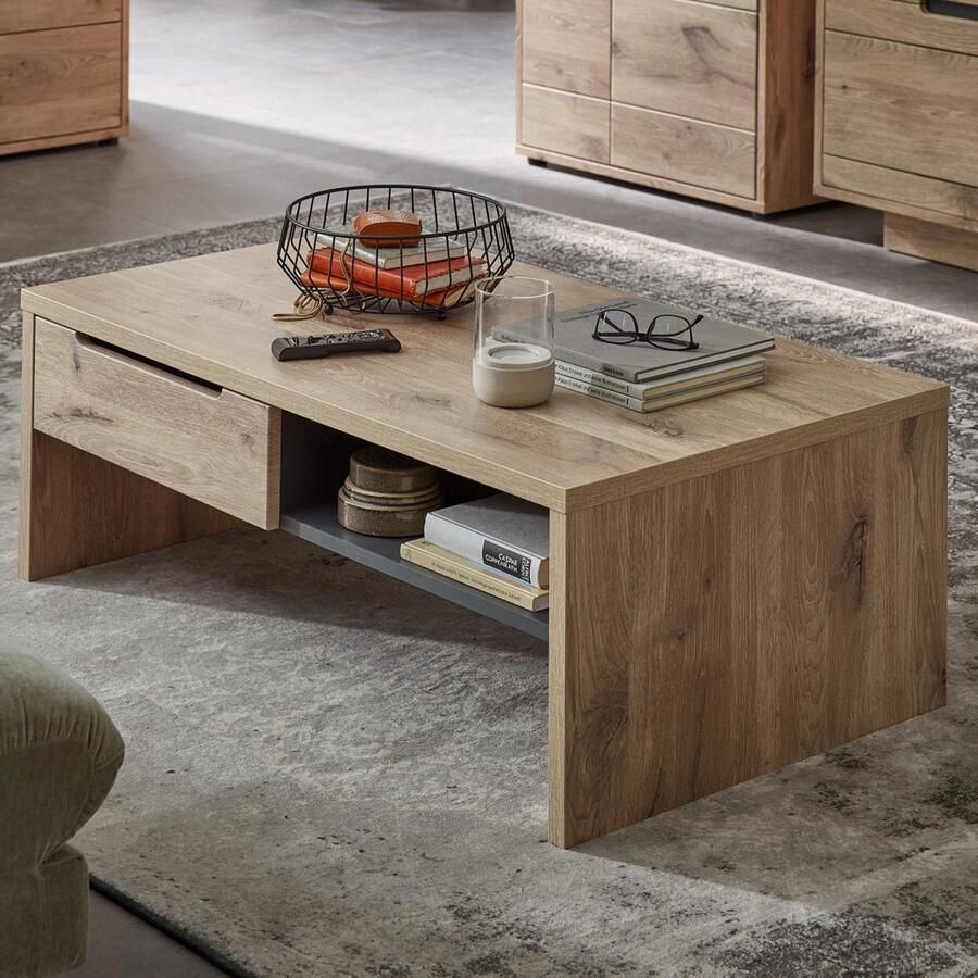 Emob Salontafel Bellini 110x65cm met opberglade eik antraciet Rechthoekige salontafels Bruin; Antraciet Melamine; MDF; Spaanplaat Rechthoekige salontafels Op voorraad - Foto 2