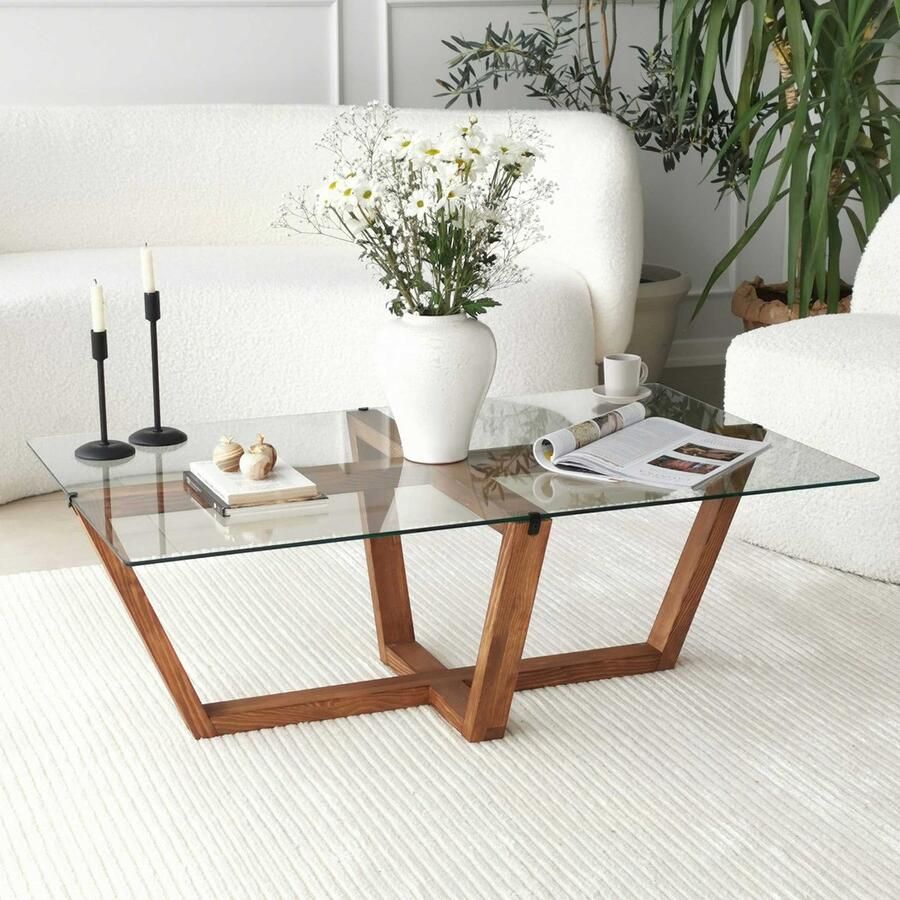 Emob Locelso Salontafel 100% Gehard Glas Notelaar 105x35x65 cm Glazen salontafels Bruin Hout; Glas Glazen salontafels Op voorraad