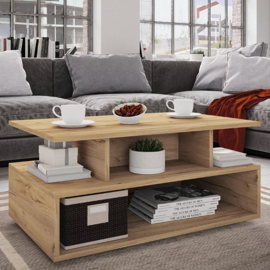 Emob Salontafel Carlien 4 open vakken-wit beton Salontafels outlet Wit Melamine; Spaanplaat Salontafels outlet Op voorraad