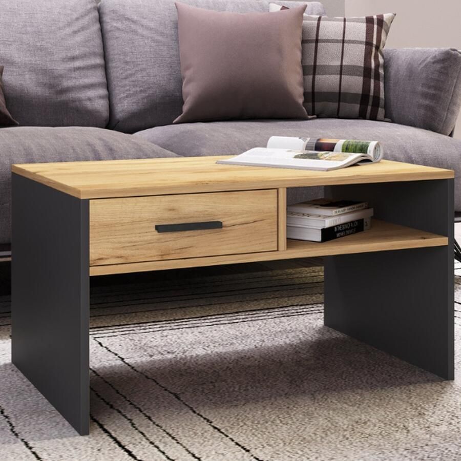 Emob Salontafel Javi 2 open vakken 1 lade-wilde eik antraciet Salontafels outlet Bruin; Antraciet Melamine; Spaanplaat Salontafels outlet Op voorraad