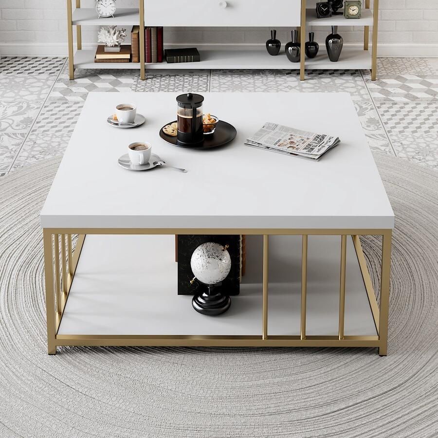 Emob Locelso Salontafel Gehard Glas en Massief Houten Frame 90x40x90 cm Hout Summer Sale Bruin Hout Summer Sale Op voorraad - Foto 3