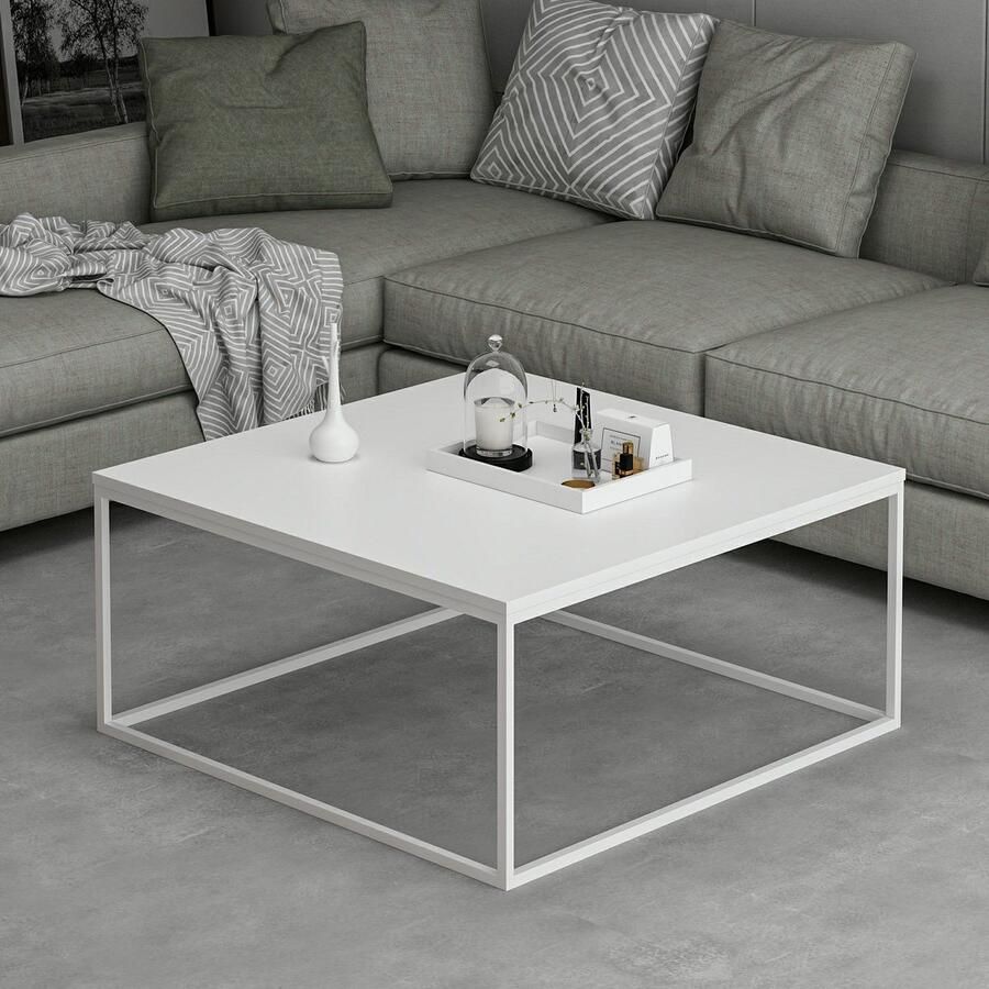 Emob Moderne Witte Salontafel Woody Fashion 90x42x90 Vierkante salontafels Wit Melamine; Metaal Vierkante salontafels Op voorraad