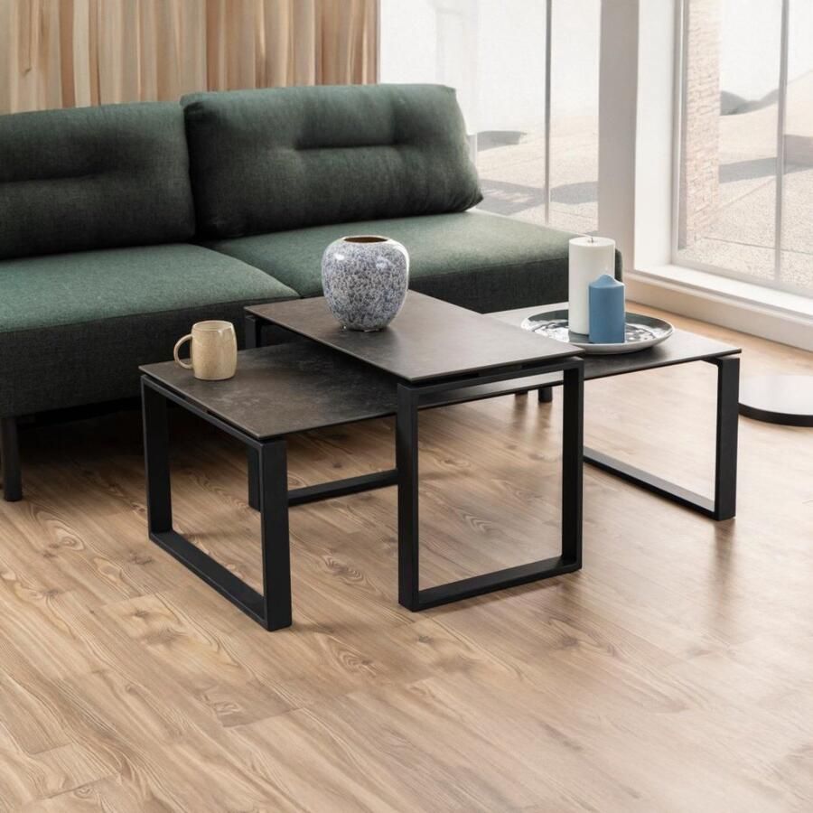 Emob Set van 2 salontafels Nicola met blad uit keramiek zwart 2-delige salontafelsets Zwart Keramiek; Metaal 2-delige salontafelsets Op voorraad - Foto 2