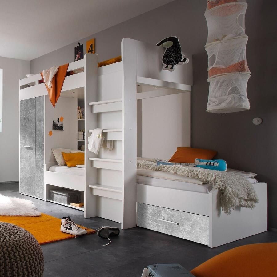 Emob Stapelbed Lopes 90x200cm met kast beton wit Kinderbedden met uitvalbeveiliging Wit; Grijs; Betonlook Spaanplaat Kinderbedden met uitvalbeveiliging Eenpersoons Stapelbed Op voorraad