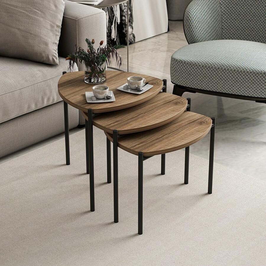 Emob Stijlvolle Woody Fashion Nesting Table Walnoot 3-delige set Hoektafels Bruin Melamine; Spaanplaat Hoektafels Op voorraad