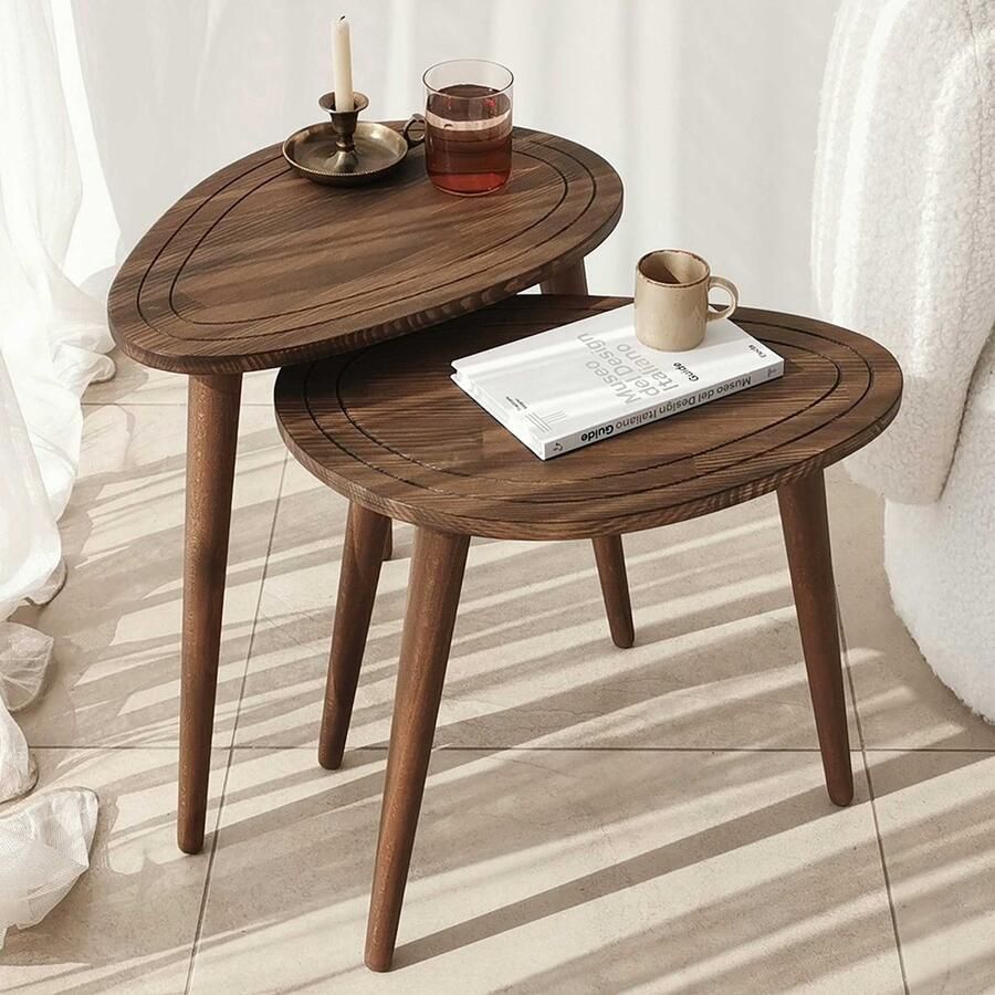 Emob Houten Nesting Tables Set 100% Massief Hout Walnoot Afwerking Hoektafels Bruin MDF Hoektafels Op voorraad