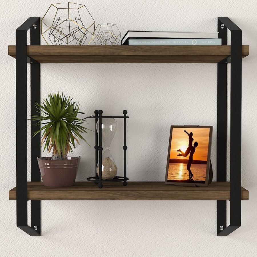 Asir Group Tera Home 18mm Wandplank Metalen Frame Walnoot Zwart Woonaccessoires outlet Bruin; Zwart Metaal; Spaanplaat Woonaccessoires outlet Op voorraad - Foto 2